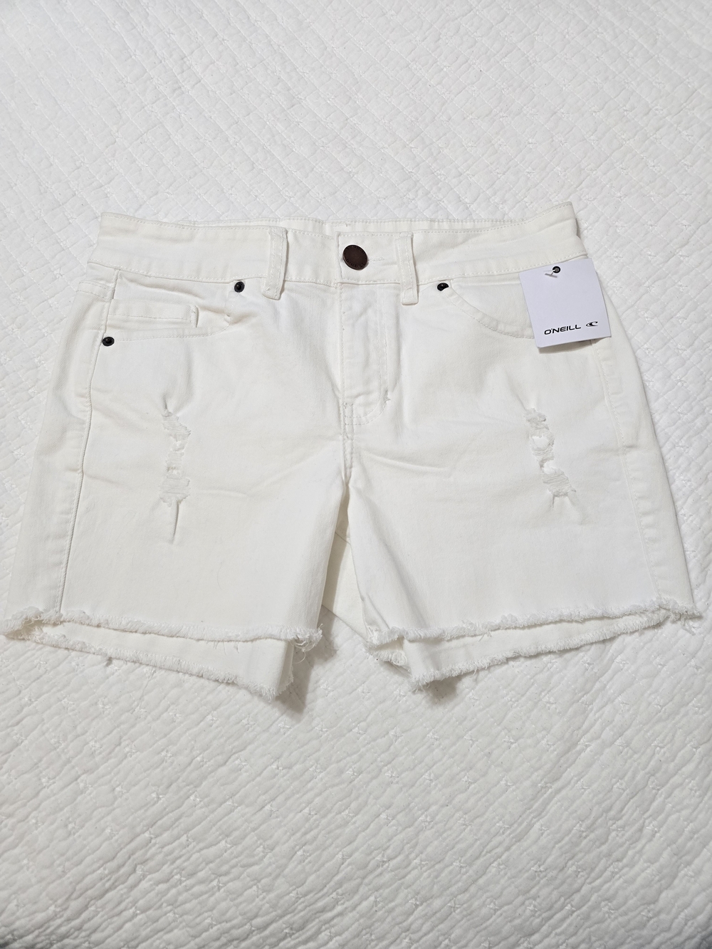 New O'Neill Cream Distressed Denim Shorts with Frayed Hem - Women